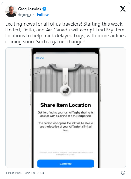 Air Canada等航空公司将支持AirTag追踪行李 丢失行李找回更轻松！