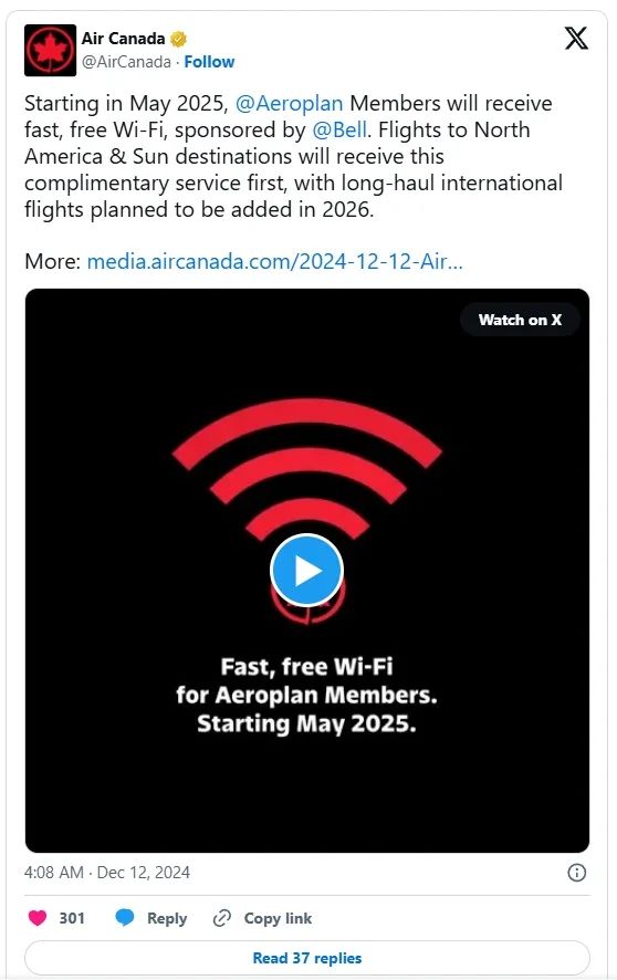 重磅！加拿大航空推出免费WiFi，明年5月上线！